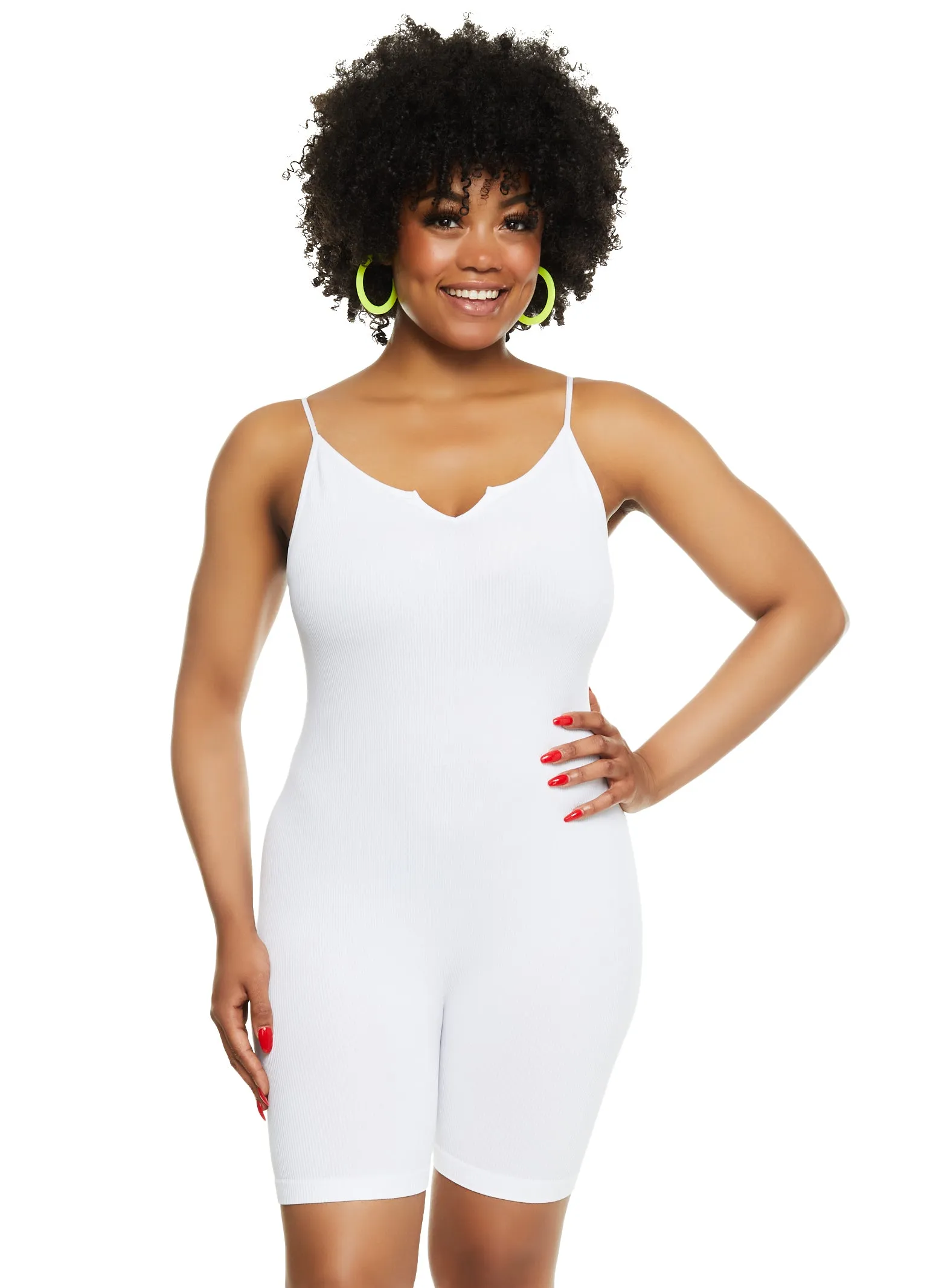 Plus Size Seamless Ribbed Notch Neck Cami Romper sold by Rainbow