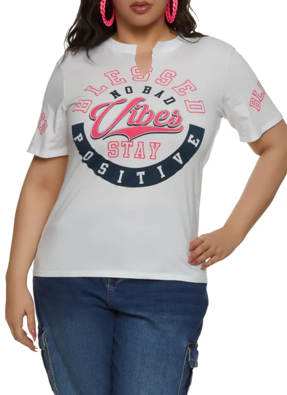Plus Size Blessed No Bad Vibes Stay Positive Notch Neck Tee sold by Rainbow