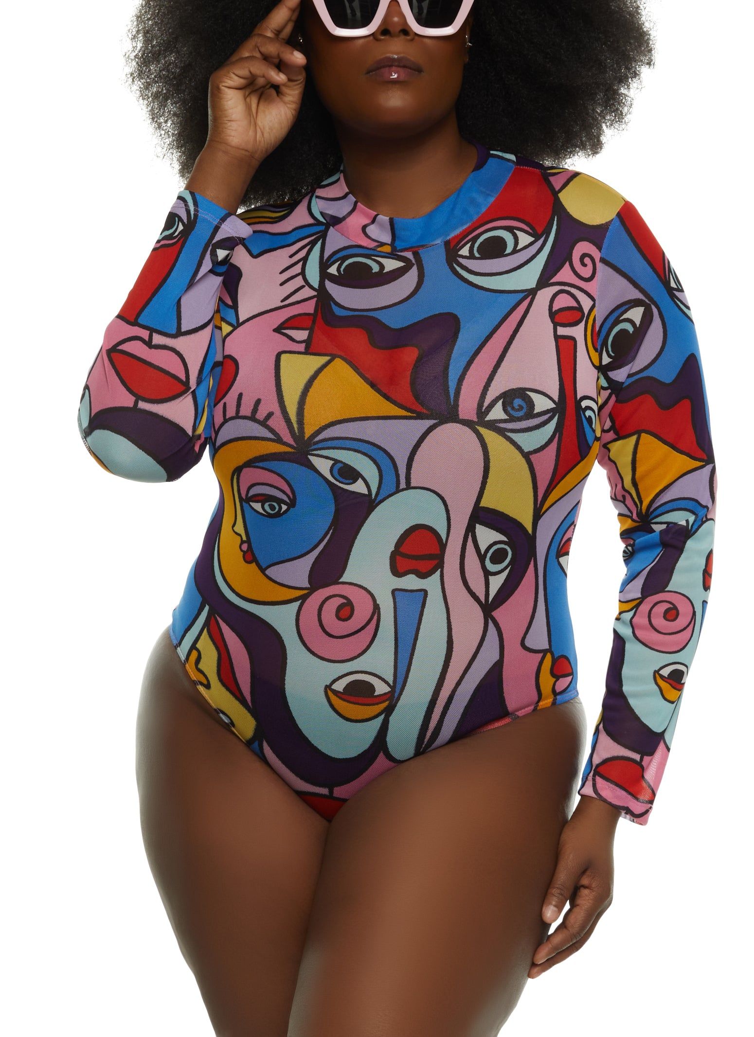 Plus Size Printed Mesh Mock Neck Bodysuit sold by Rainbow
