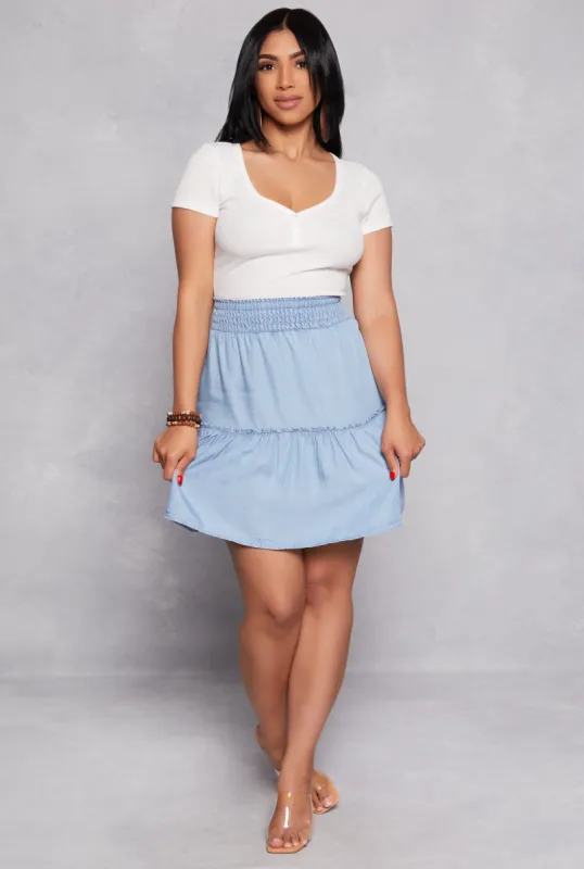 Chambray Tiered Mini Skirt sold by Rainbow
