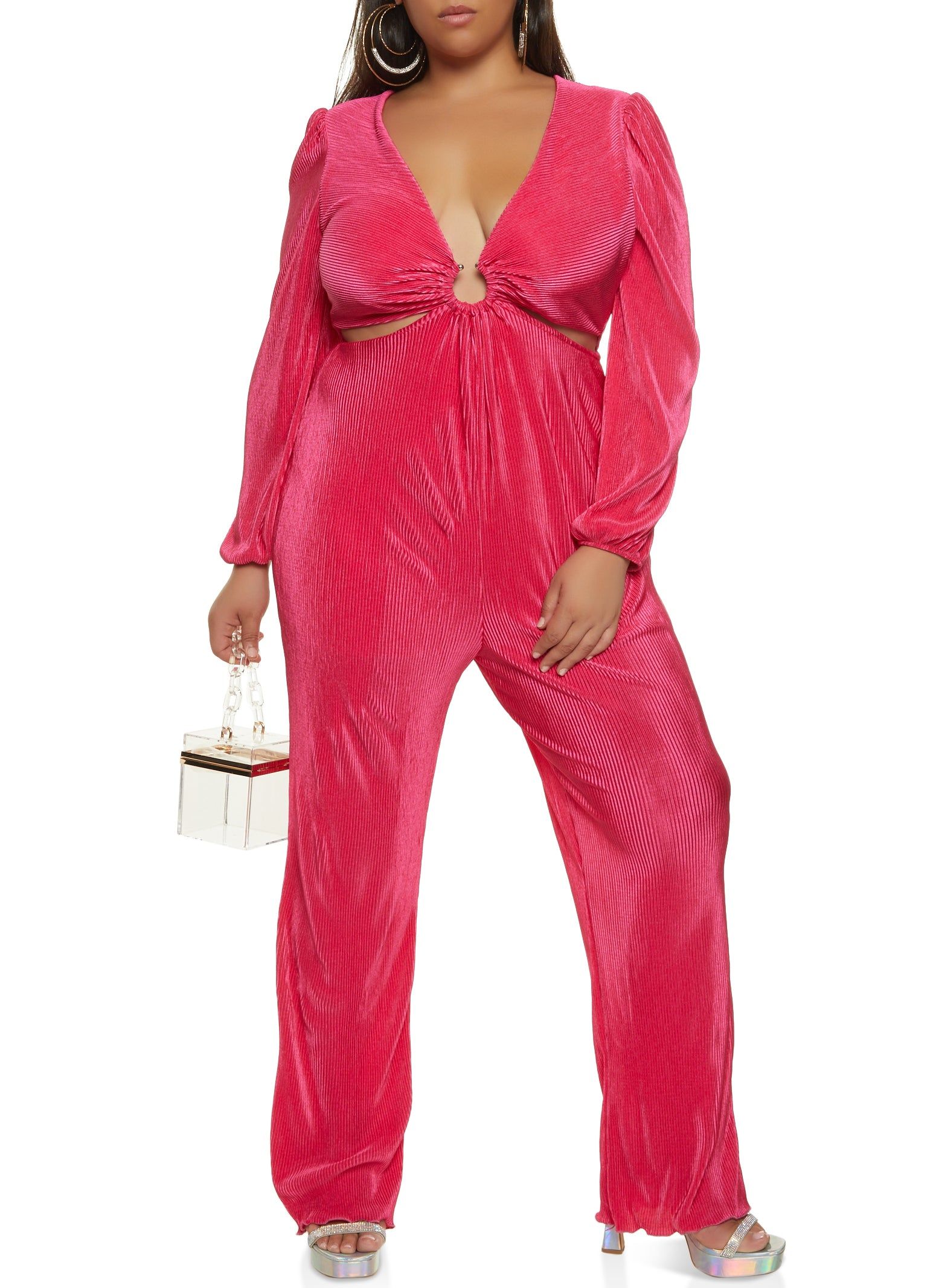 Plus Size Plisse Cut Out Plunge Jumpsuit sold by Rainbow
