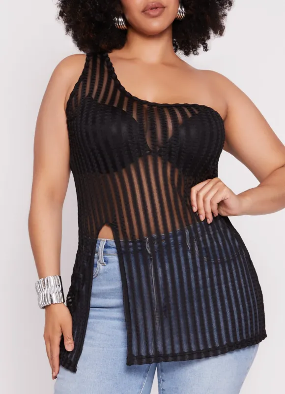 Plus Size Shadow Stripe One Shoulder Tank Top sold by Rainbow