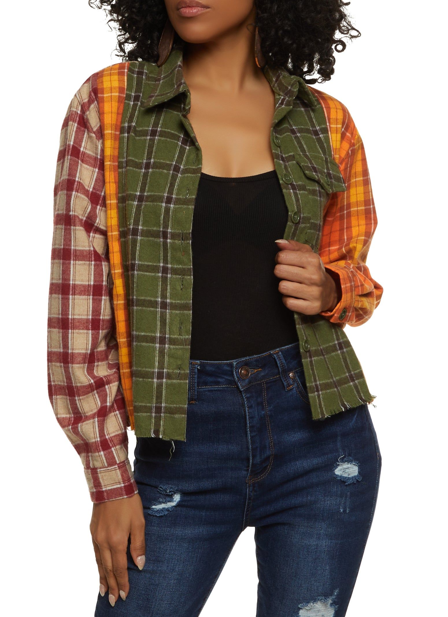 Patchwork Plaid Button Front Shirt sold by Rainbow