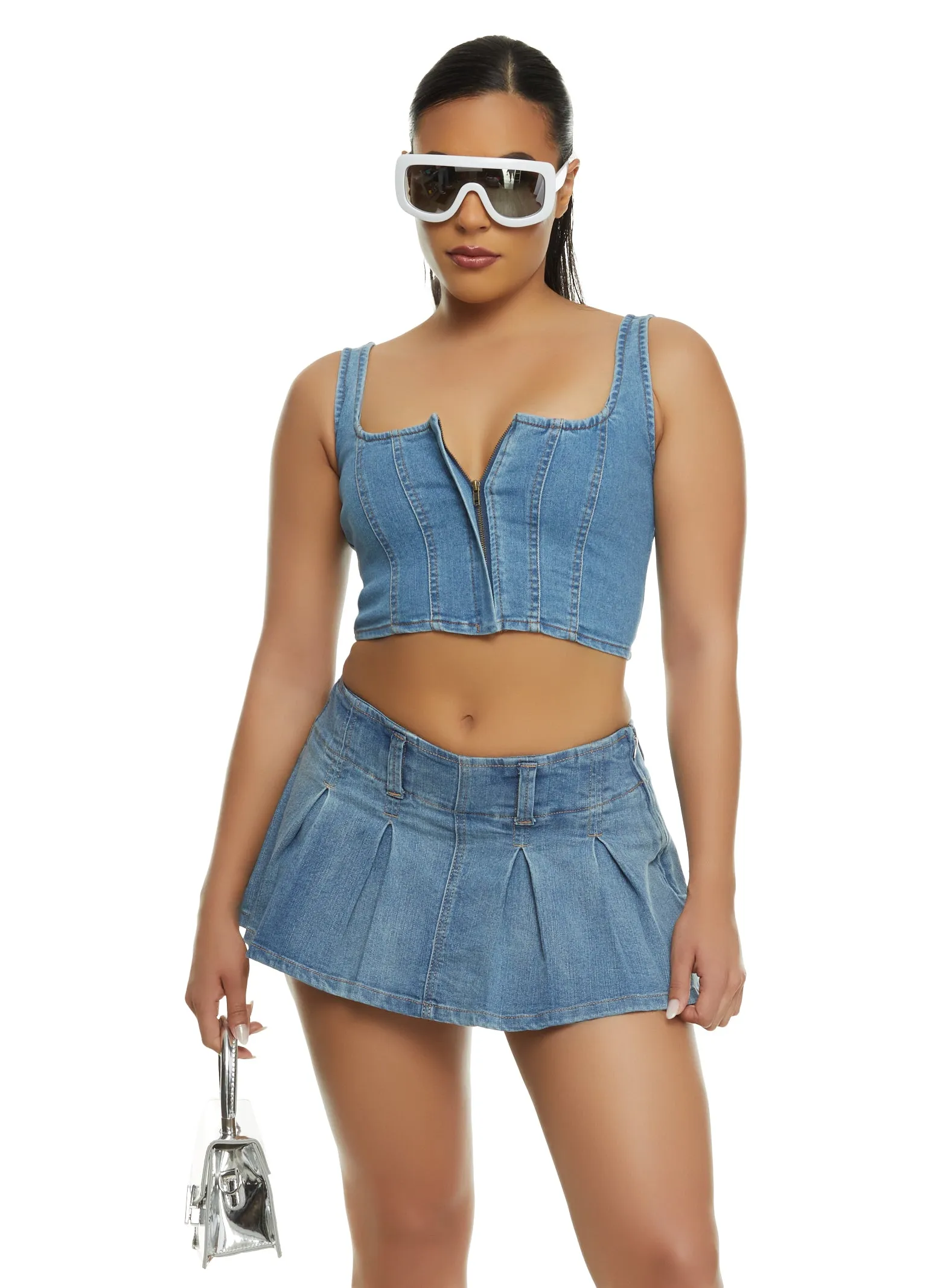 Denim Zip Up Bustier Crop Top sold by Rainbow