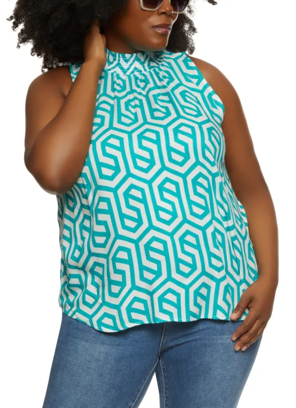 Plus Size Geometric Print Mock Neck Blouse sold by Rainbow