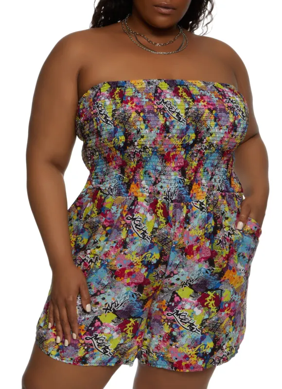 Plus Size Graffiti Print Strapless Romper sold by Rainbow