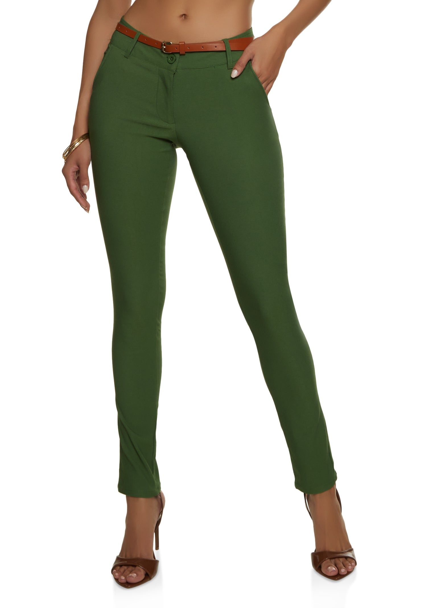 Belted Solid Skinny Leg Dress Pants sold by Rainbow