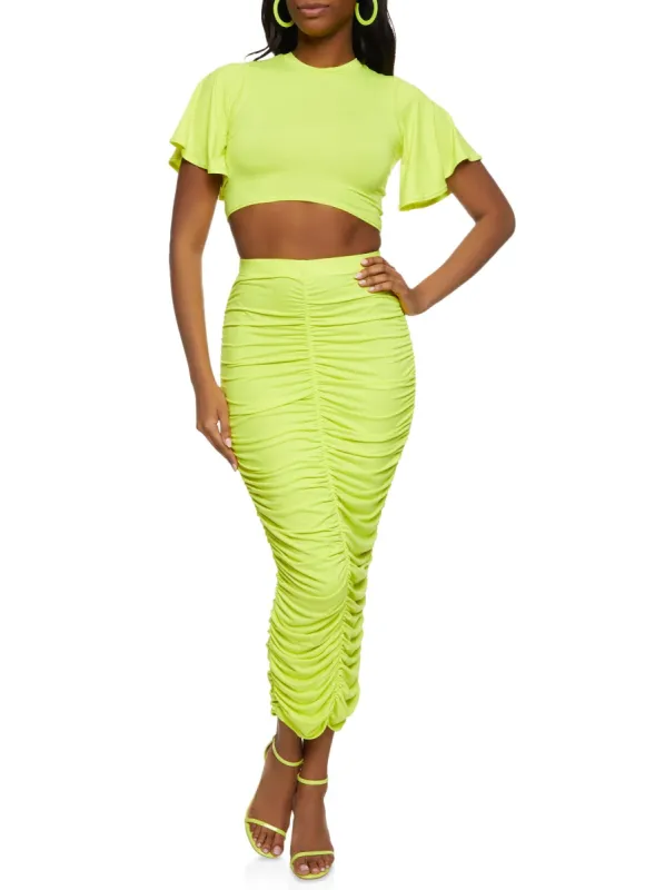 Solid Flutter Sleeve Top and Ruched Maxi Skirt sold by Rainbow
