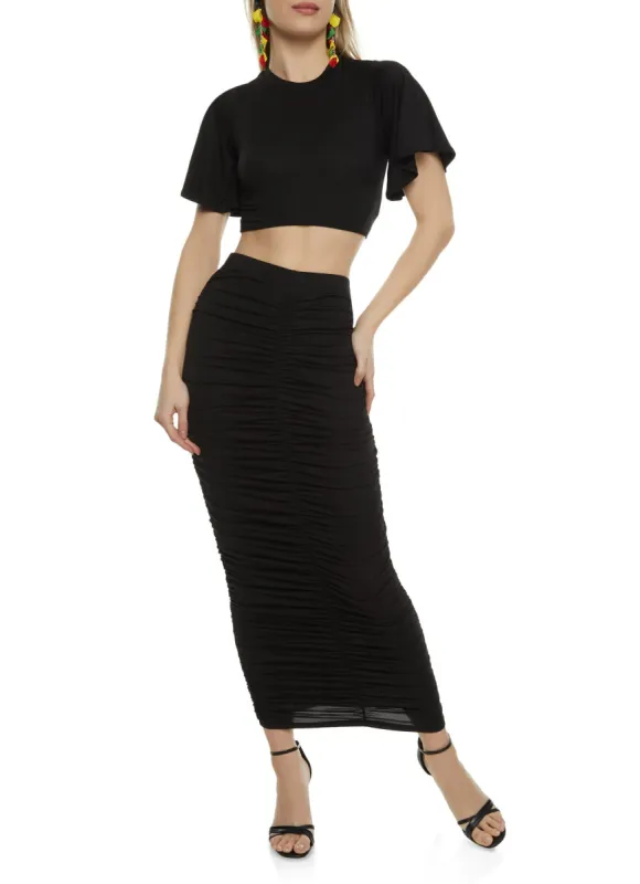 Solid Flutter Sleeve Top and Ruched Maxi Skirt sold by Rainbow