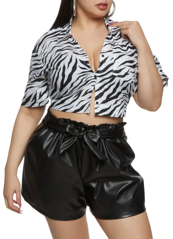 Plus Size Animal Print Cropped Button Front Shirt sold by Rainbow