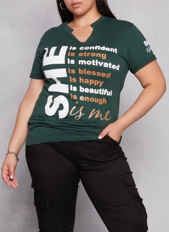 Plus Size She Is Me Notch Neck Graphic Tee sold by Rainbow