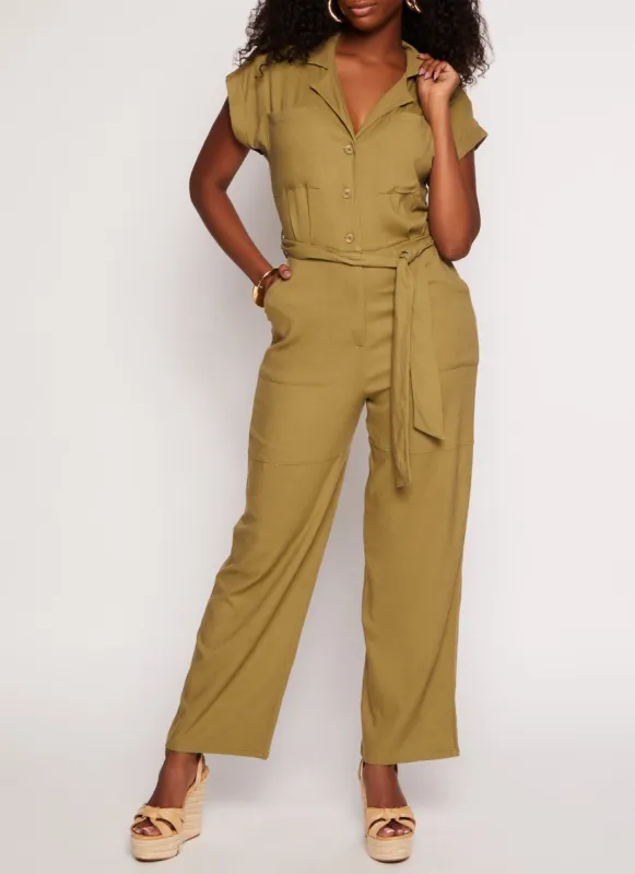 Haute Monde Linen Belted Wide Leg Jumpsuit sold by Rainbow