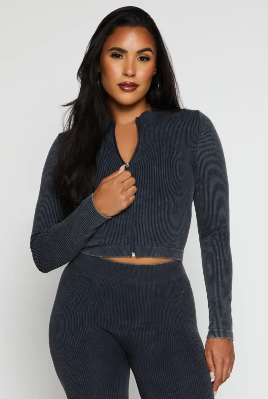 Ribbed Knit Mock Neck Zip Front Crop Top sold by Rainbow