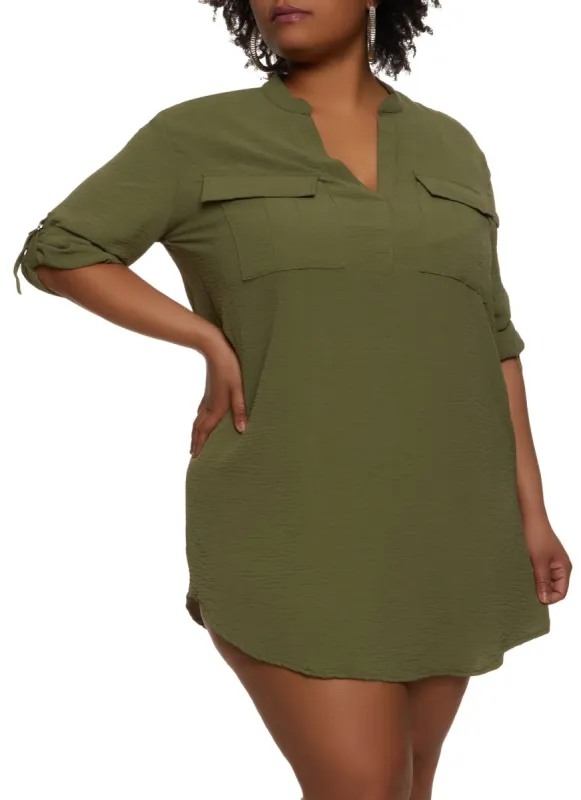 Plus Size Flap Pocket Tabbed Sleeve Shift Dress sold by Rainbow