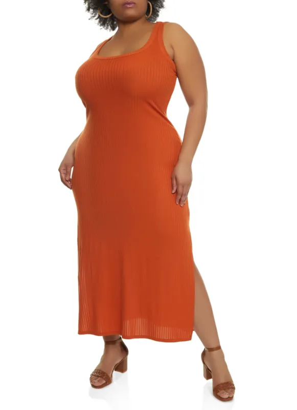 Plus Size Ribbed Knit Side Slit Maxi Tank Dress sold by Rainbow