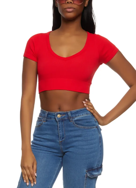 Seamless Ribbed V Neck Crop Top sold by Rainbow