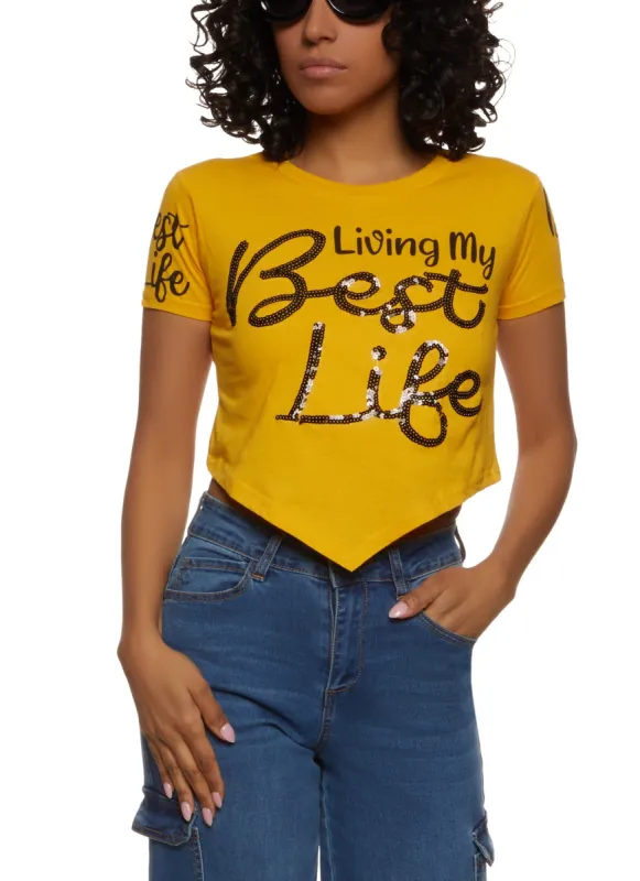 Living My Best Life Sequin Hanky Hem Graphic Tee sold by Rainbow