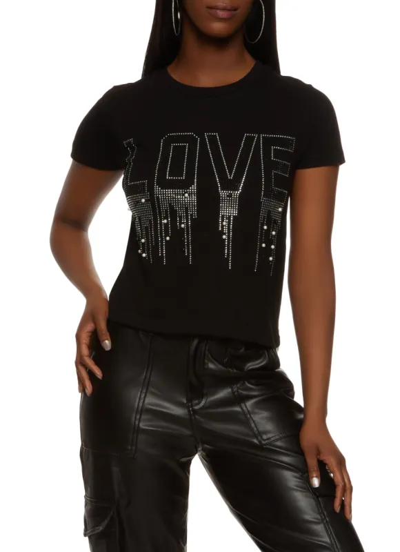 Love Rhinestone Faux Pearl Graphic Tee sold by Rainbow