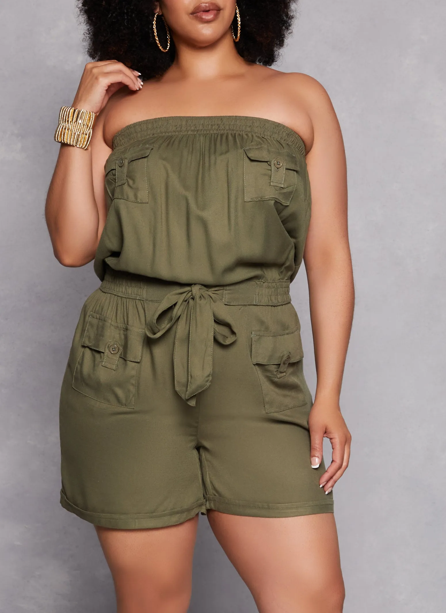 Plus Size Strapless Tie Waist Utility Romper sold by Rainbow