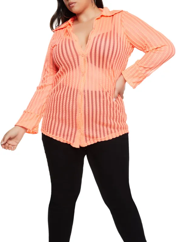 Plus Size Striped Mesh Detail Button Front Shirt sold by Rainbow
