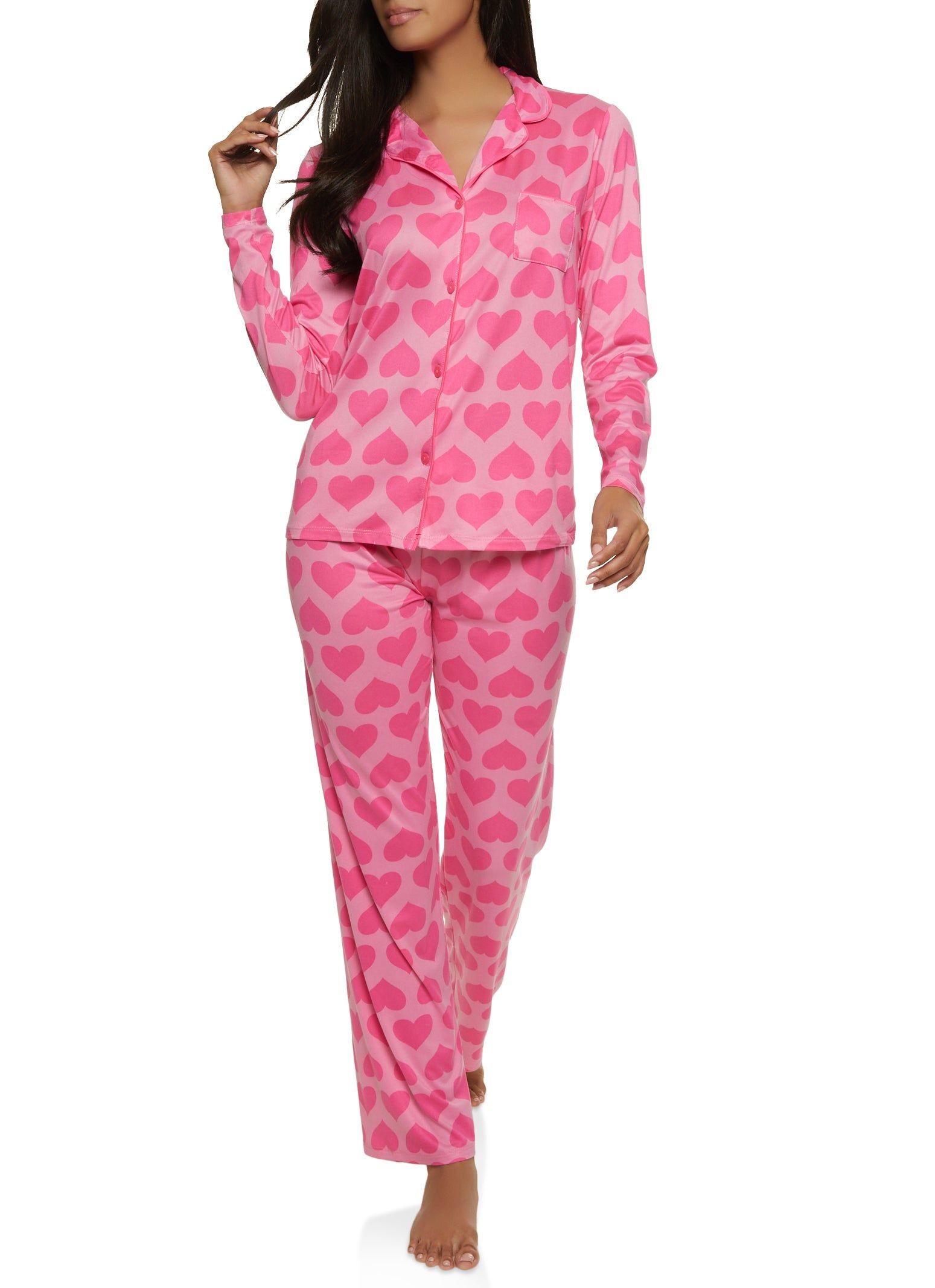 Heart Print Notch Collar Pajama Top and Pants sold by Rainbow