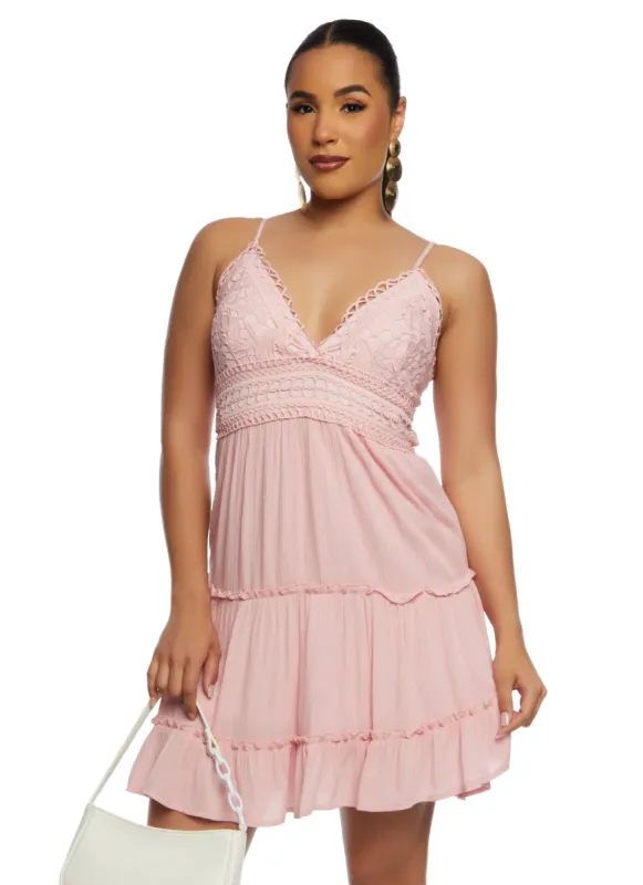 Iris Crochet V Neck Ruffled Tiered Mini Dress sold by Rainbow