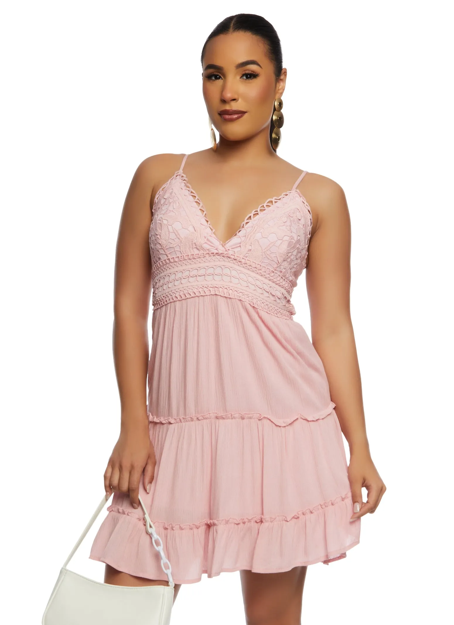 Iris Crochet V Neck Ruffled Tiered Mini Dress sold by Rainbow