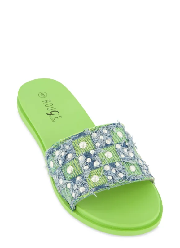 Denim Studded Band Slide Sandals sold by Rainbow