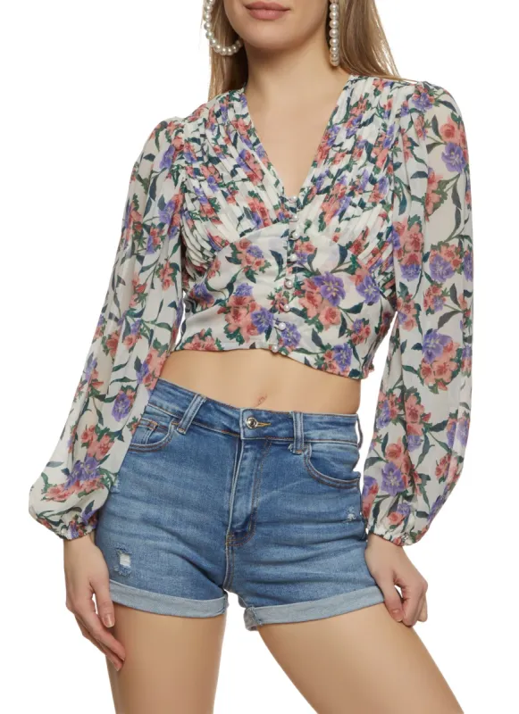 Floral Pleated Button Front Cropped Blouse sold by Rainbow