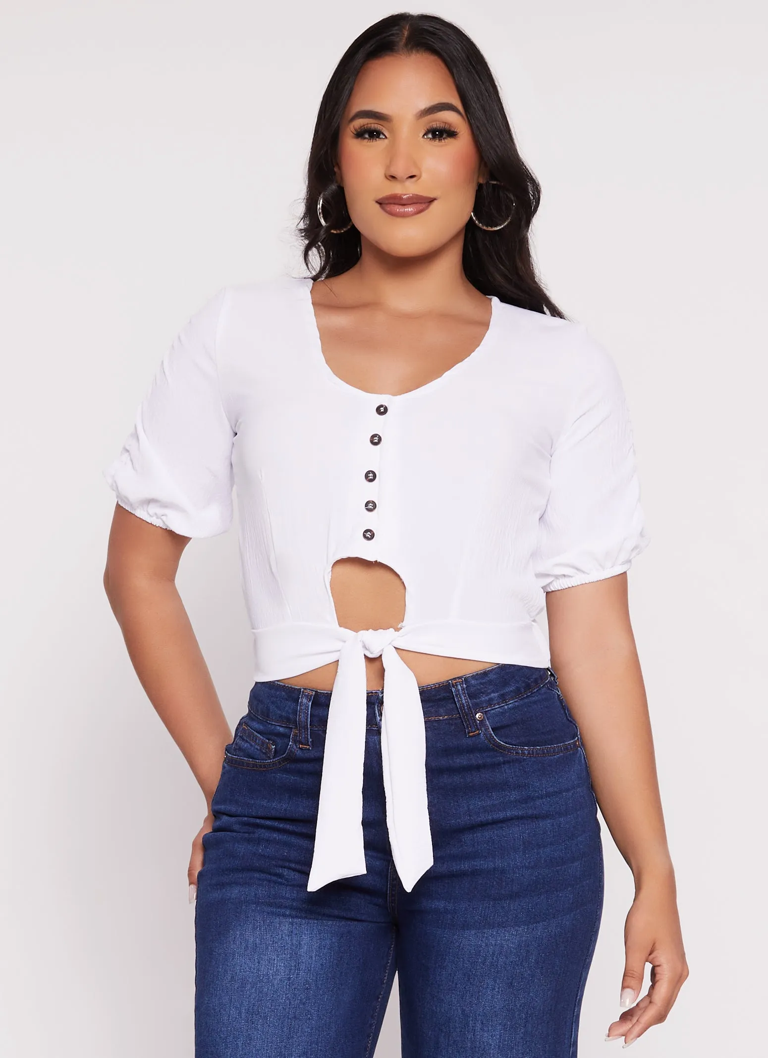 Puff Sleeve Cut Out Button Front Top sold by Rainbow