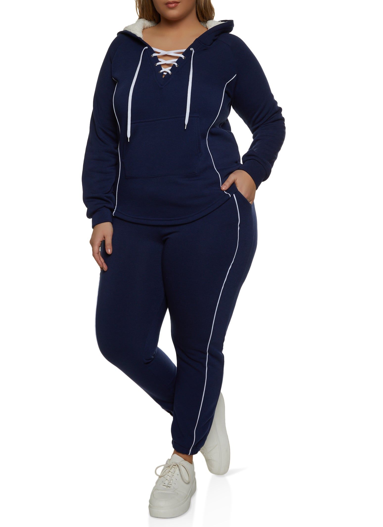 Plus Size Contrast Piping Hooded Lace Up Sweatshirt sold by Rainbow product image thumbnail 2