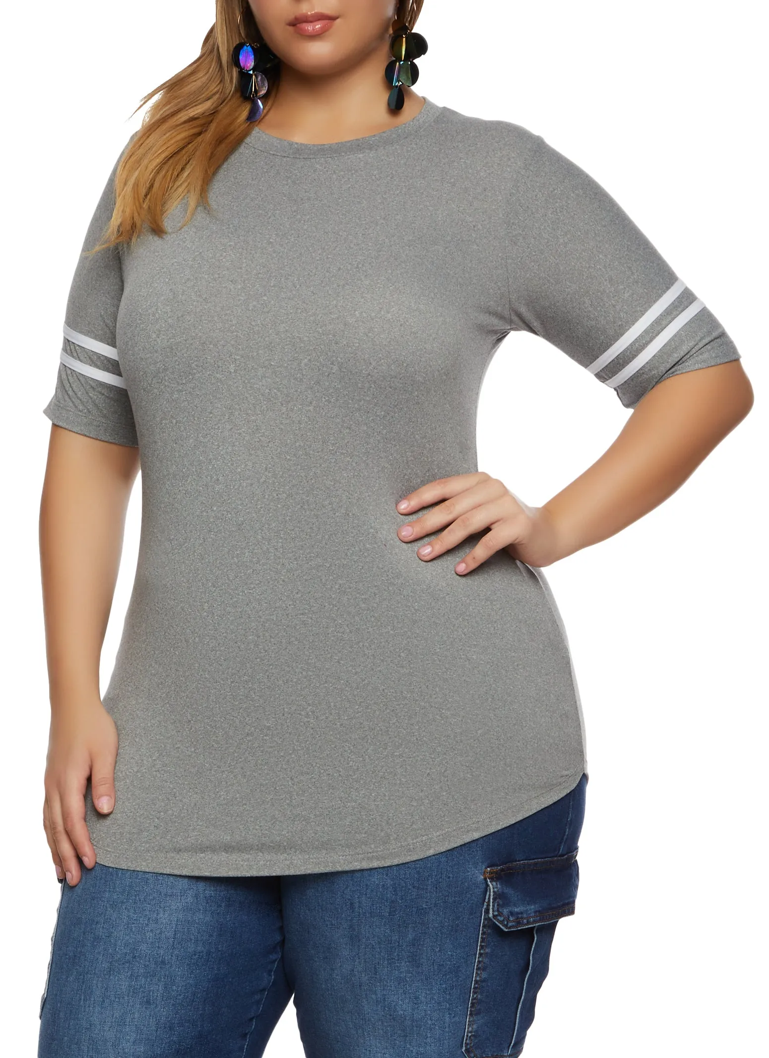 Plus Size Varsity Striped Sleeve T Shirt sold by Rainbow
