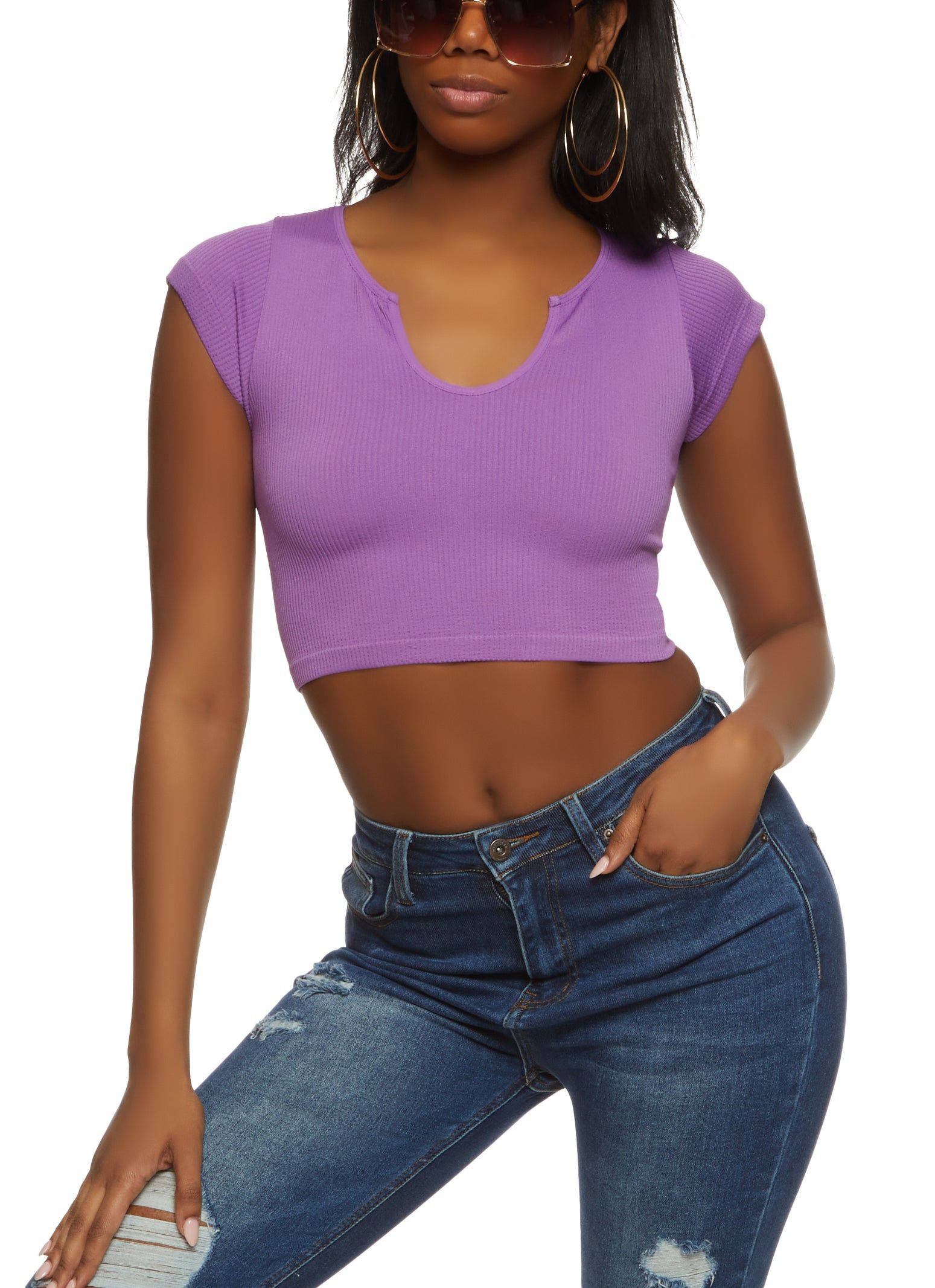 Ribbed Notch Neck Crop Top sold by Rainbow