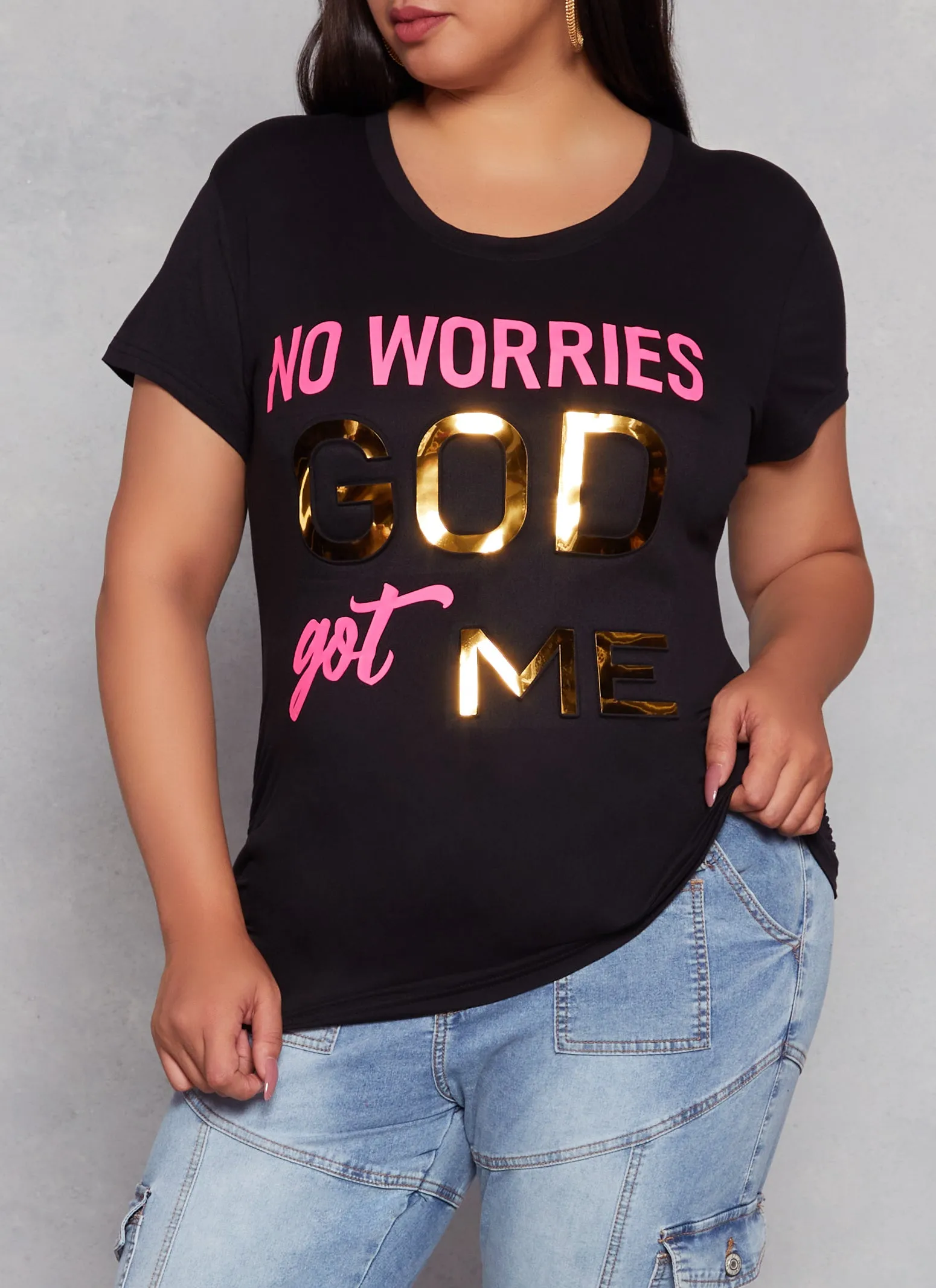 Plus Size No Worries Embossed Foil Graphic Tee sold by Rainbow