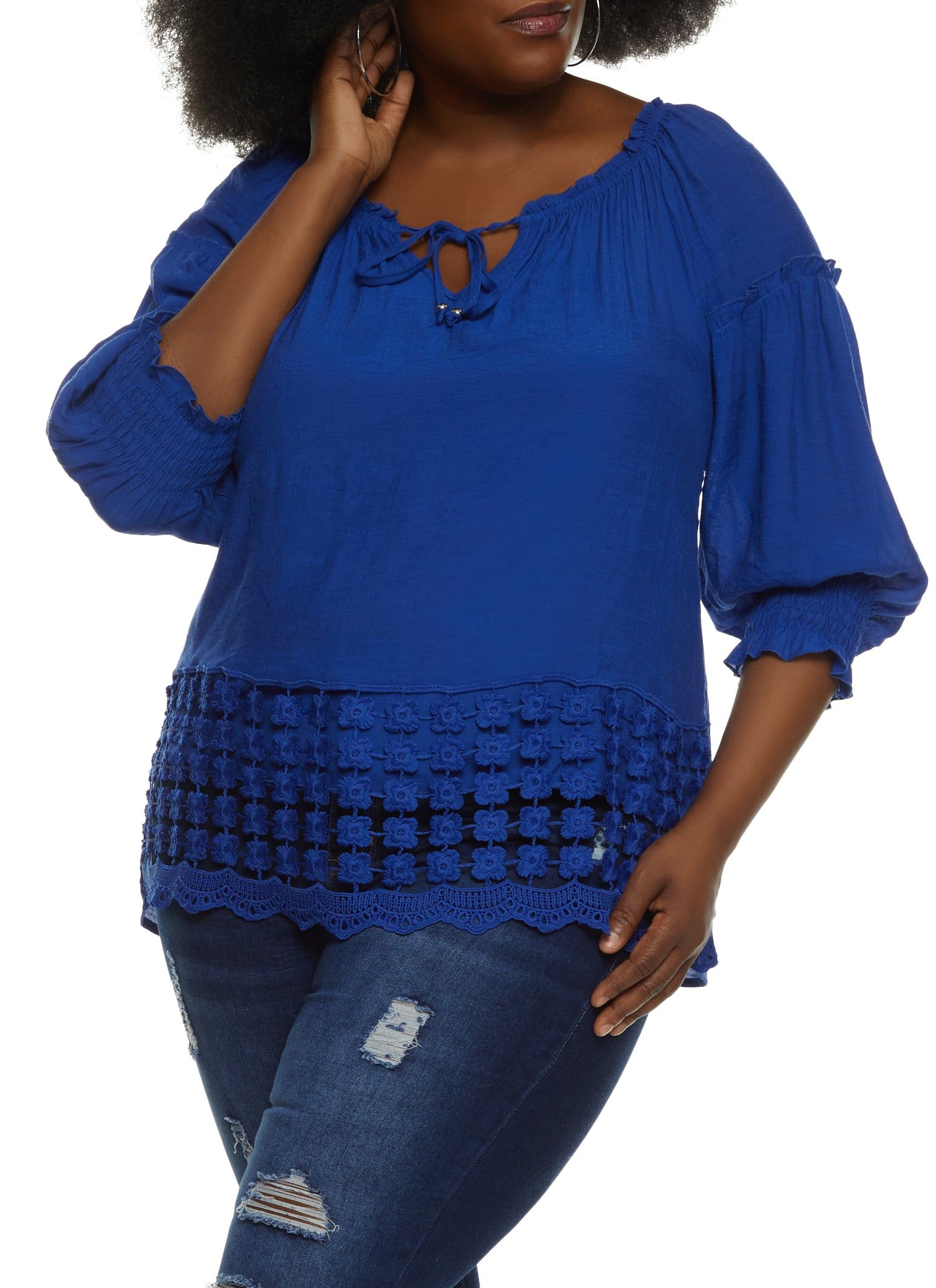 Plus Size Crochet Detail Tie Front Peasant Top sold by Rainbow