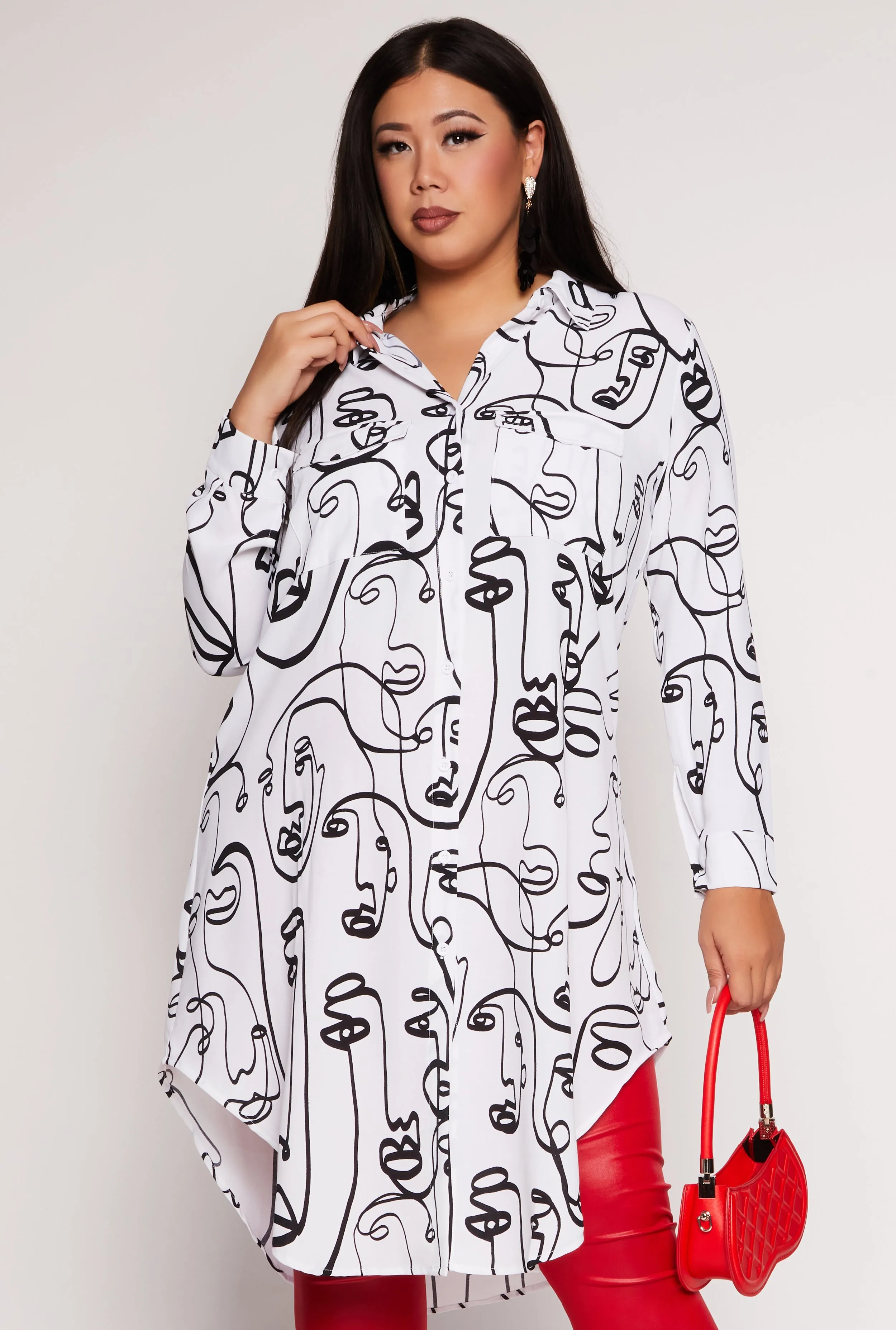 Plus Size Face Print Button Front Tunic Shirt sold by Rainbow
