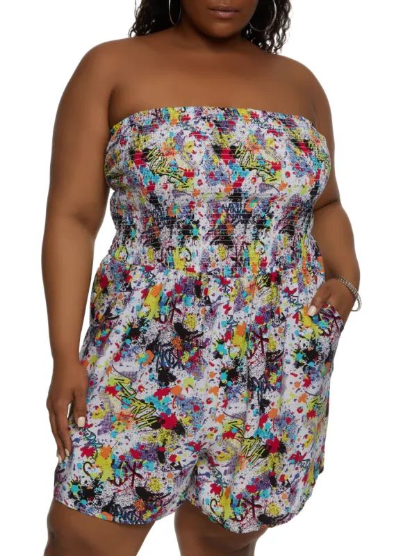 Plus Size Graffiti Print Strapless Romper sold by Rainbow