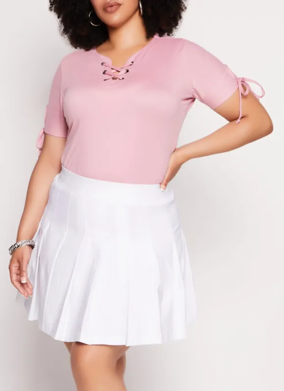 Plus Size Lace Up Notch Neck Tie Sleeve Tee sold by Rainbow