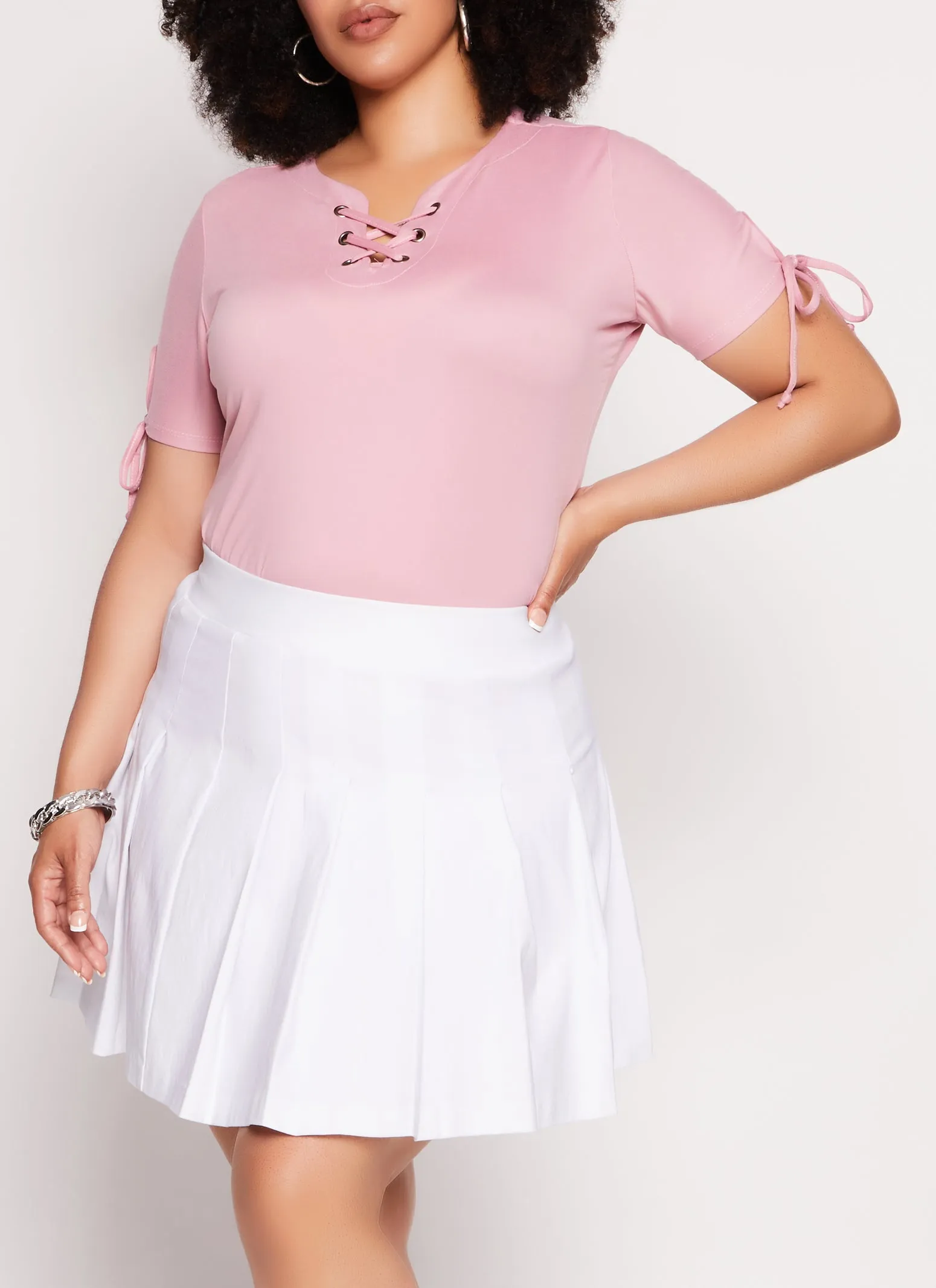 Plus Size Lace Up Notch Neck Tie Sleeve Tee sold by Rainbow