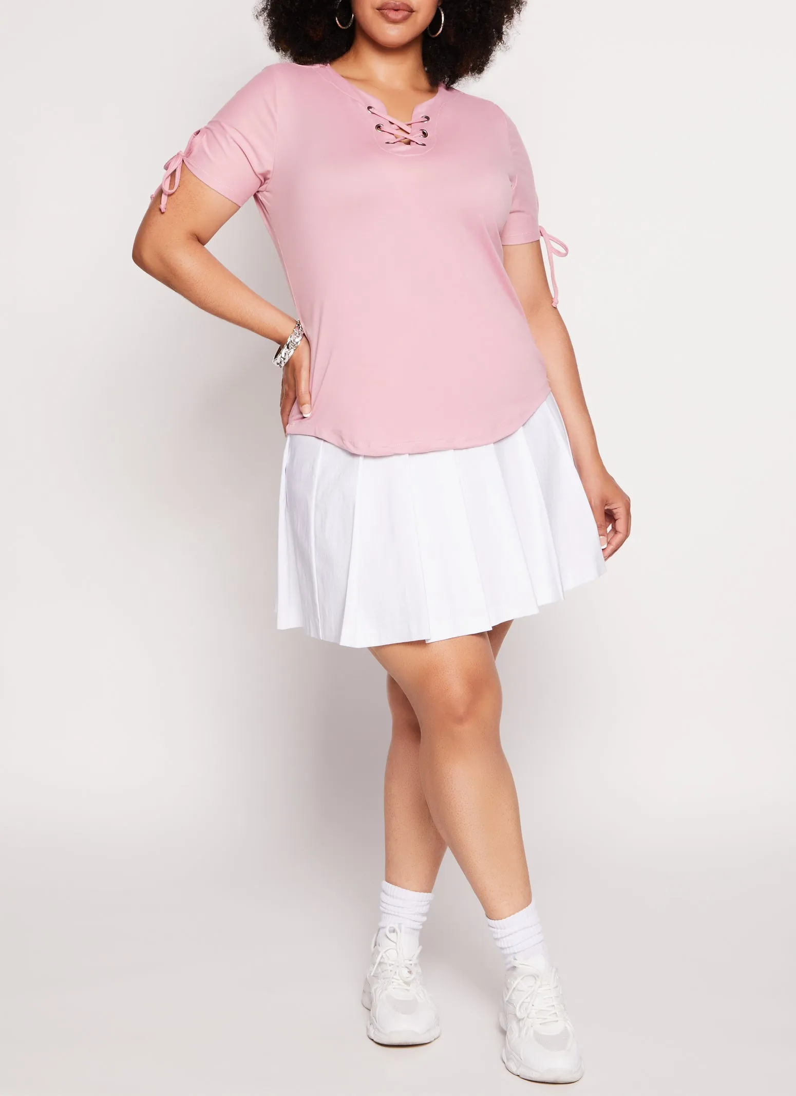 Plus Size Lace Up Notch Neck Tie Sleeve Tee sold by Rainbow product image thumbnail 2