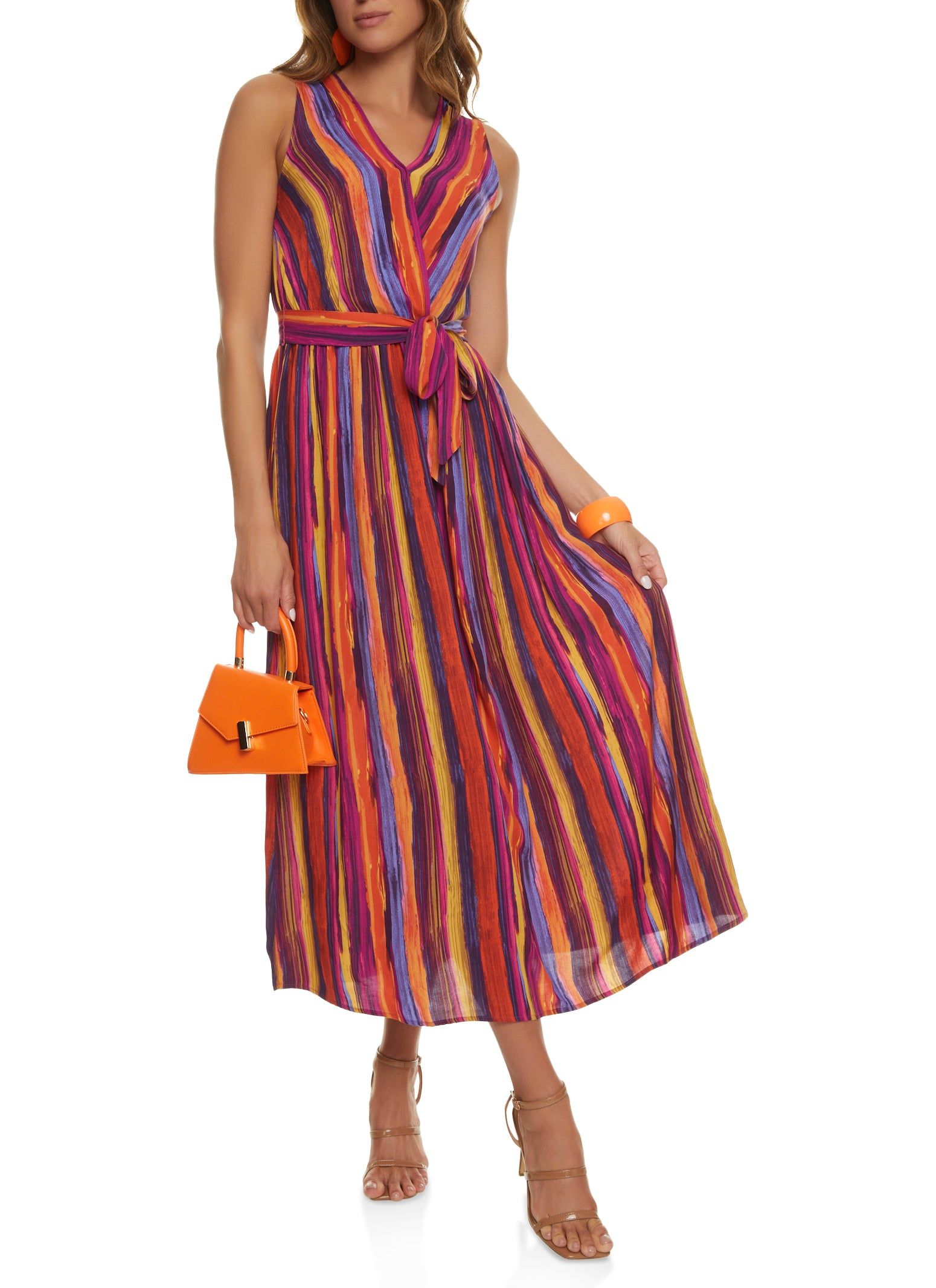Striped Tie Waist Faux Wrap Maxi Dress sold by Rainbow