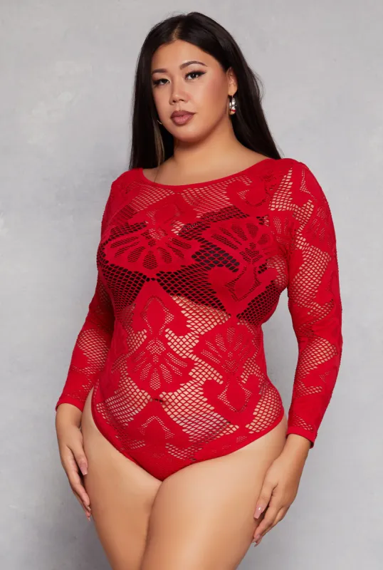 Plus Size Seamless Lace Long Sleeve Bodysuit sold by Rainbow
