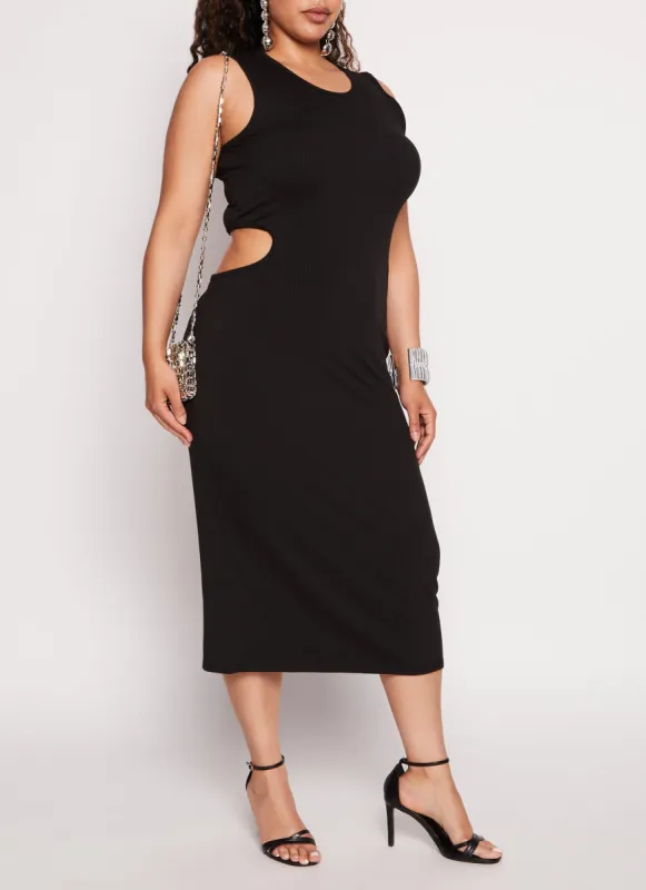 Plus Size Ribbed Knit Side Cut Out Back Tank Dress sold by Rainbow