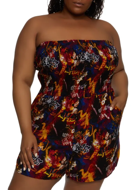 Plus Size Graffiti Print Strapless Romper sold by Rainbow