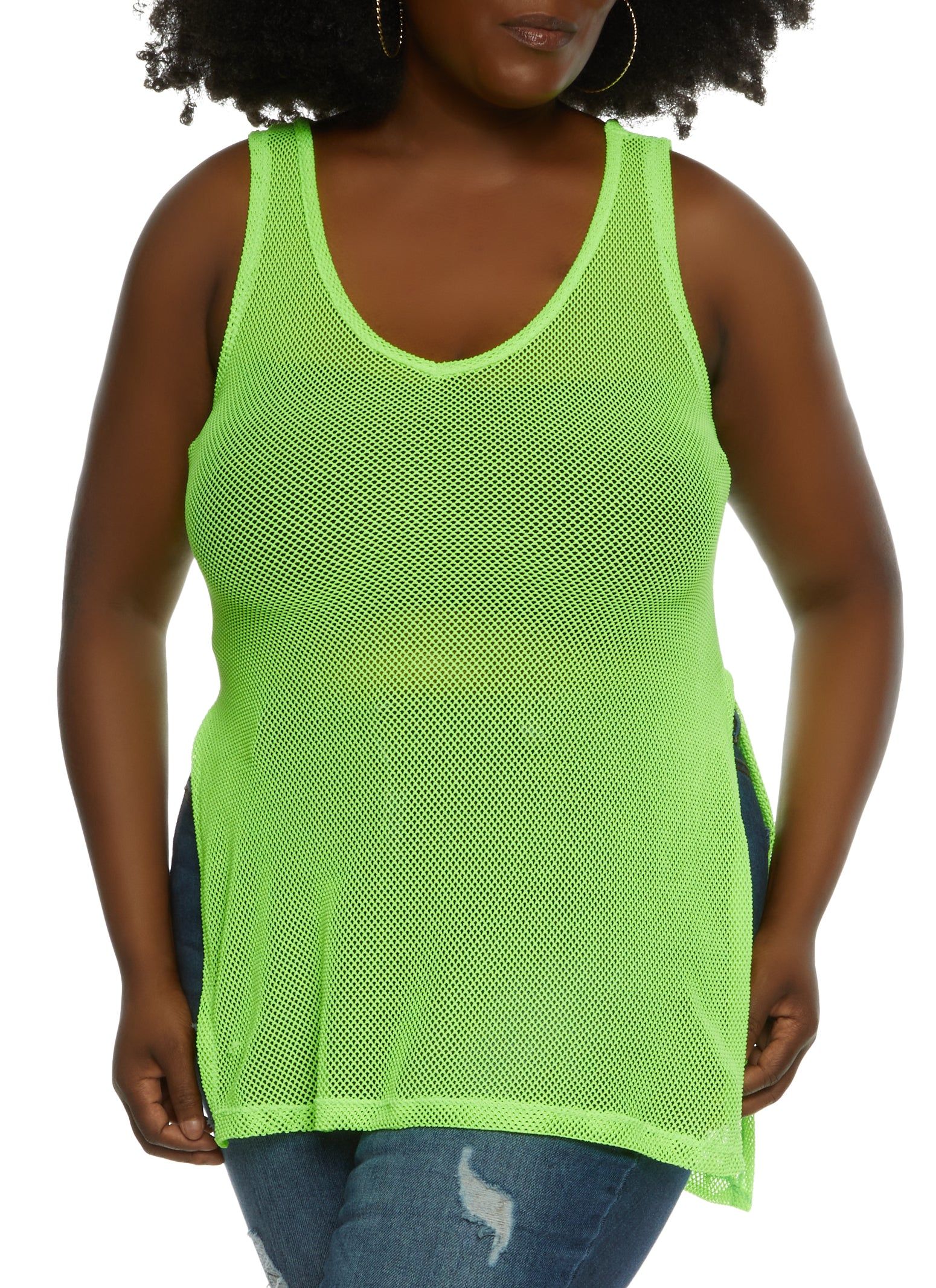 Plus Size Fishnet Side Slit Tank Top sold by Rainbow