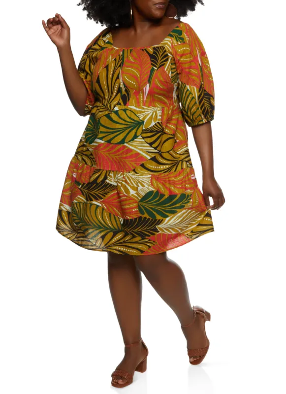 Plus Size Tropical Print Bubble Sleeve Tiered Dress sold by Rainbow