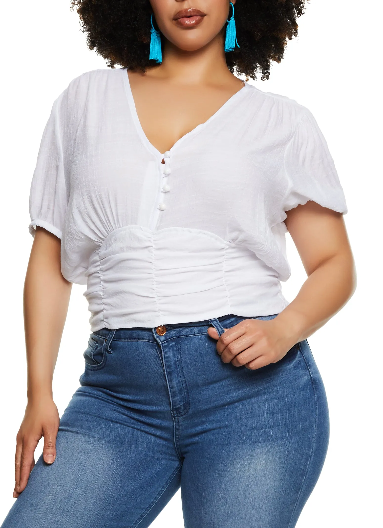 Plus Size Gauze Knit V Neck Ruched Peasant Top sold by Rainbow
