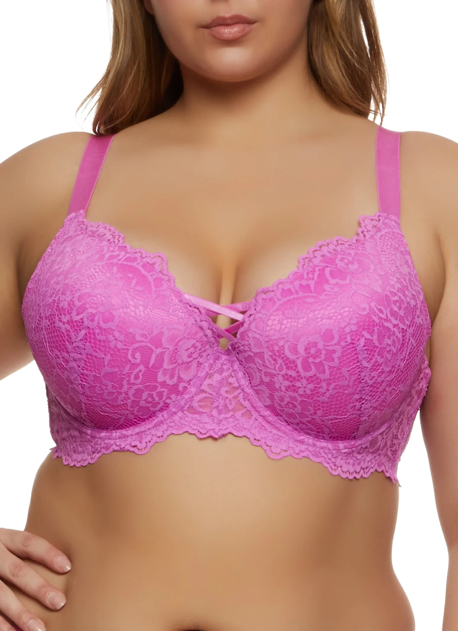 Plus Size Scalloped Floral Lace Caged Front Plunge Bra sold by Rainbow