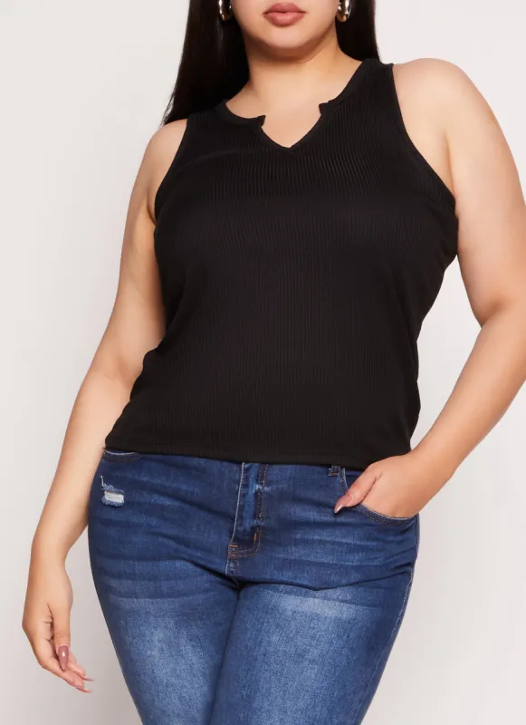 Plus Size Rib Knit Notch Neck Tank Top sold by Rainbow