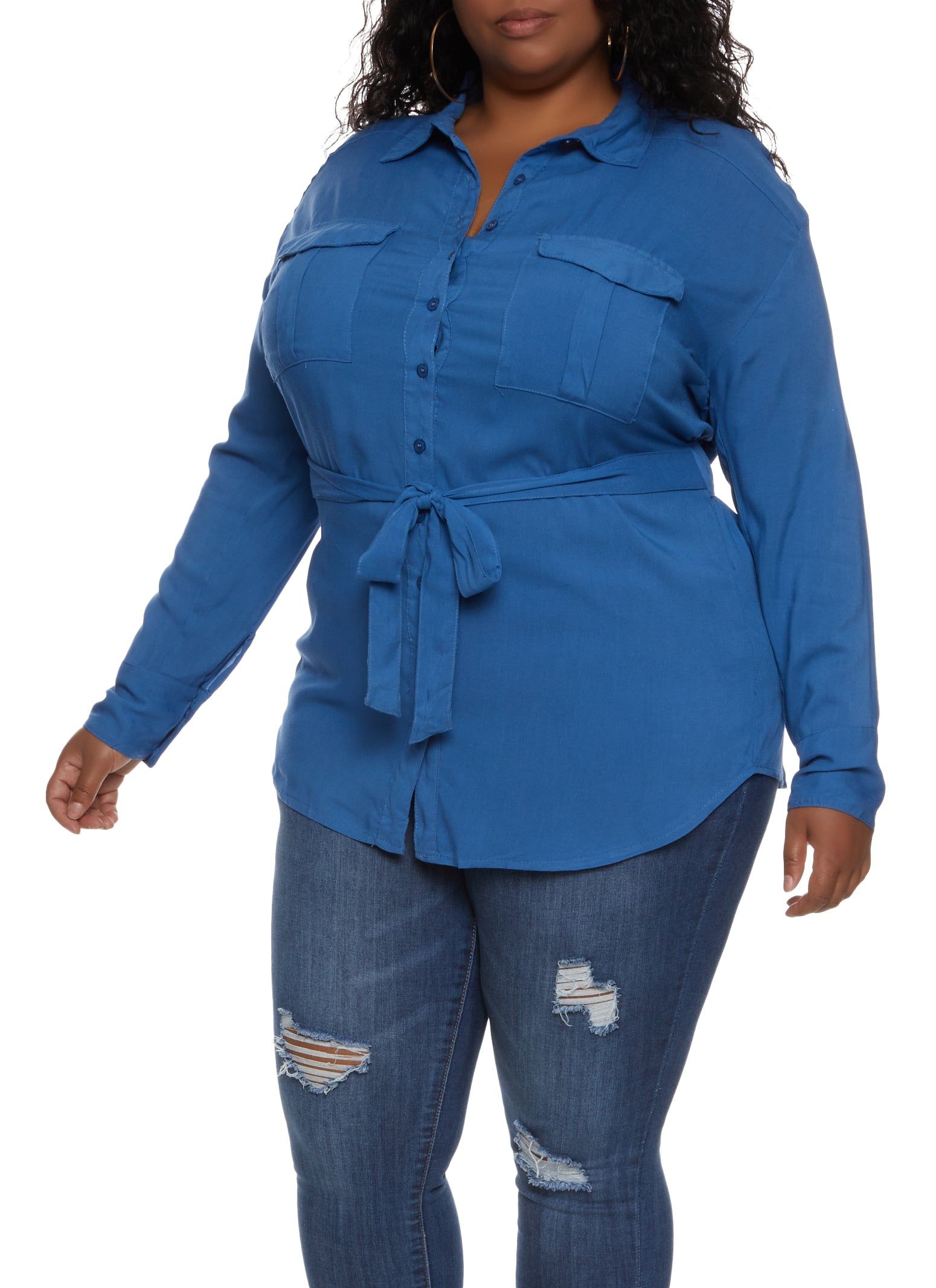 Plus Size Button Front Tie Waist Shirt sold by Rainbow